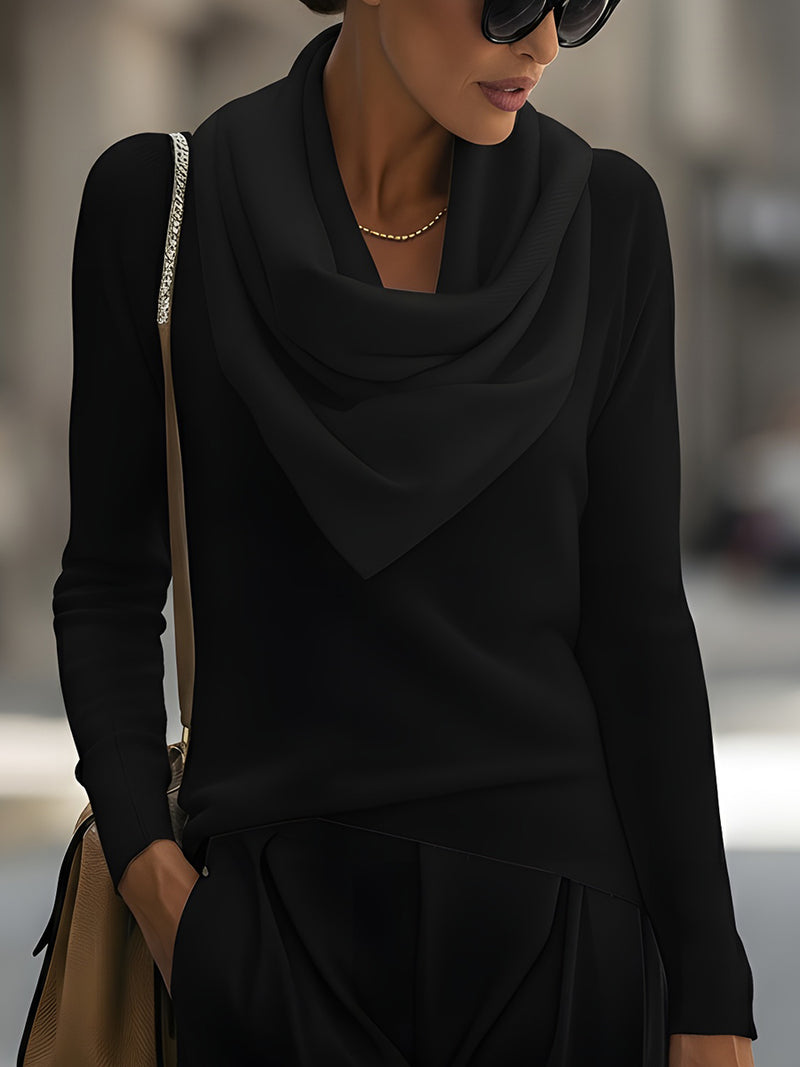Draped Cowl Neck Long-Sleeve Top