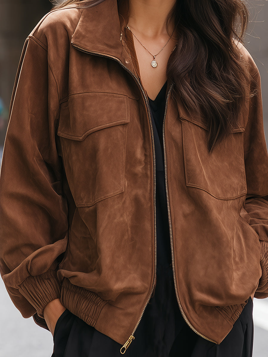 Faux Suede Zip-Up Worker Jacket
