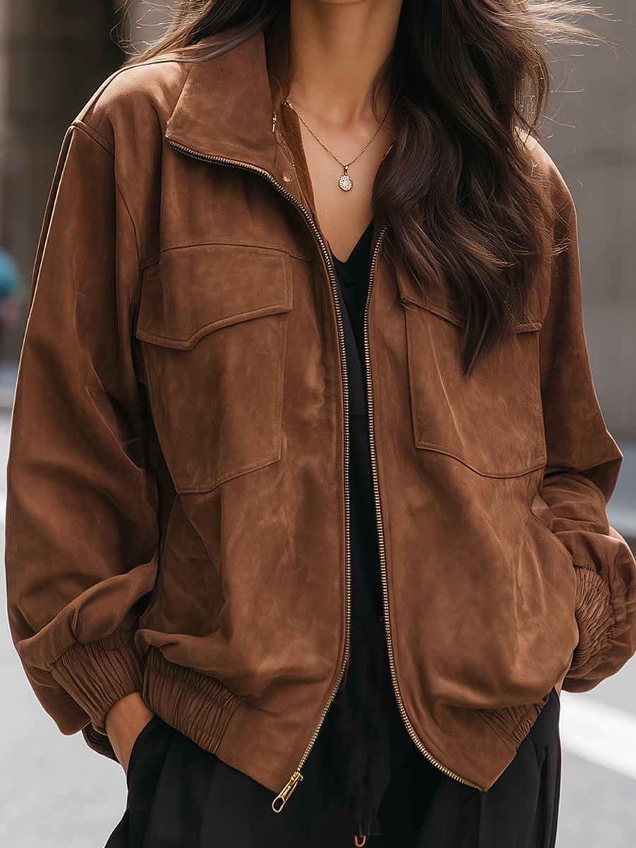 Faux Suede Zip-Up Worker Jacket