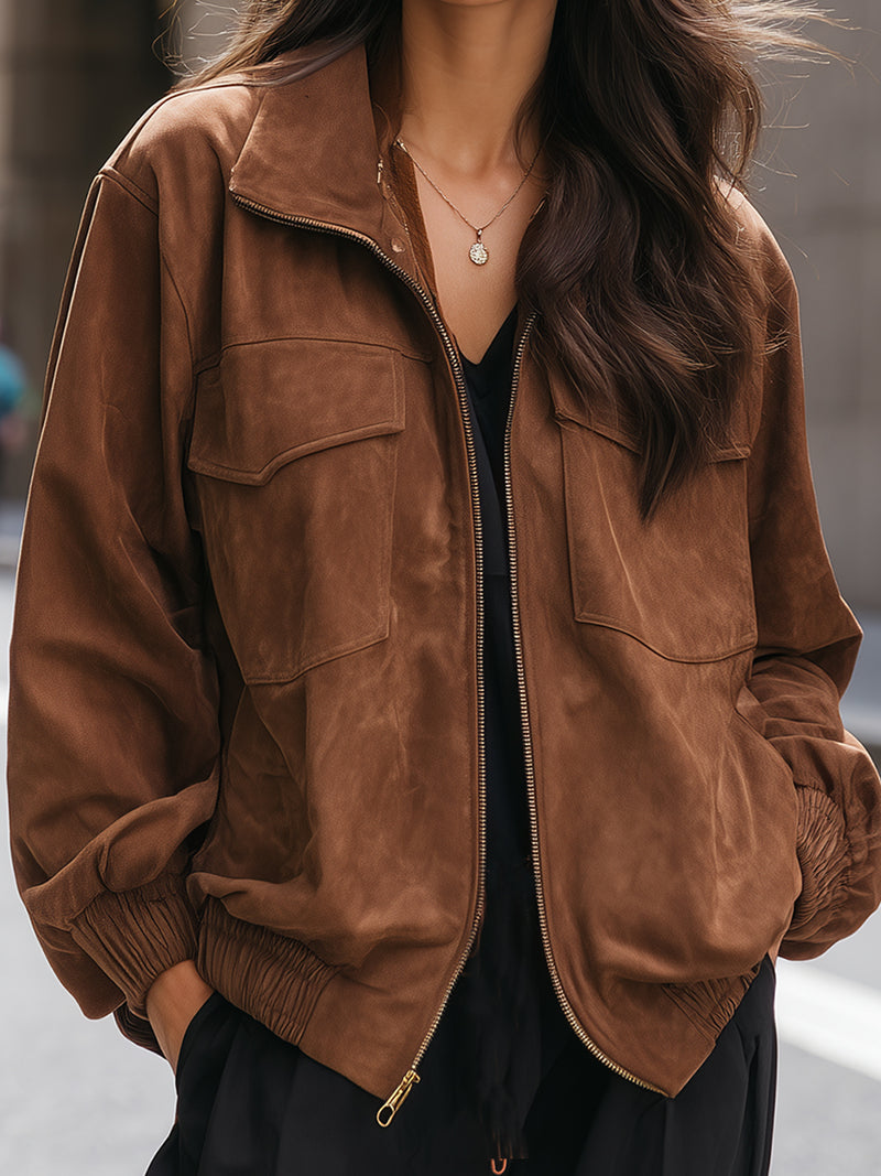 Faux Suede Zip-Up Worker Jacket