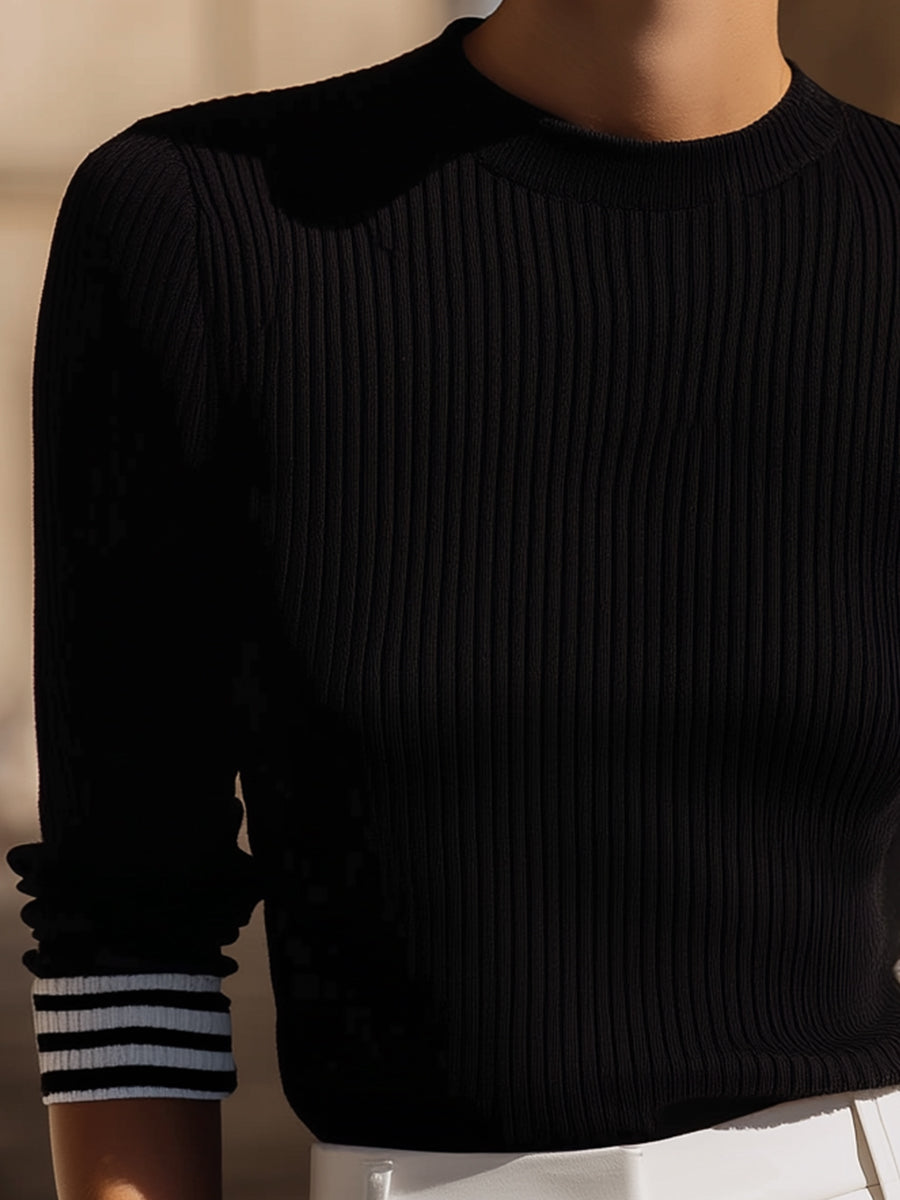 Black And White Ribbed Knit Color-Block Top