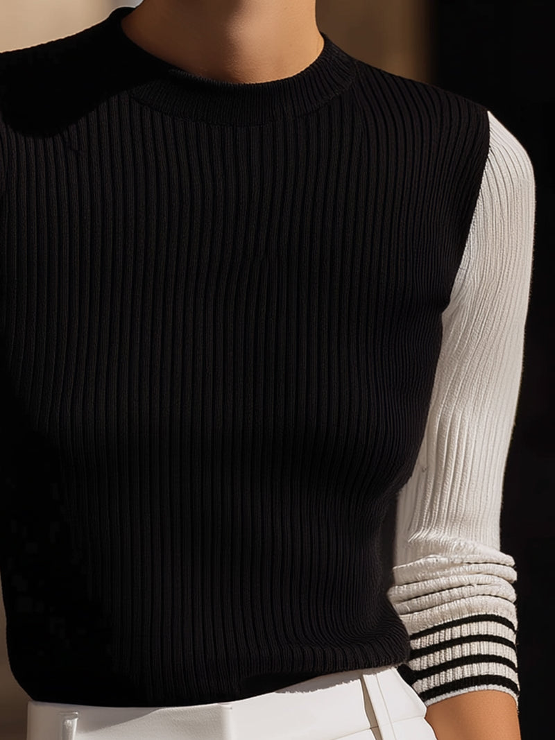 Black And White Ribbed Knit Color-Block Top