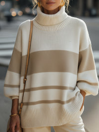 Beige And Ivory Striped Turtleneck Sweater