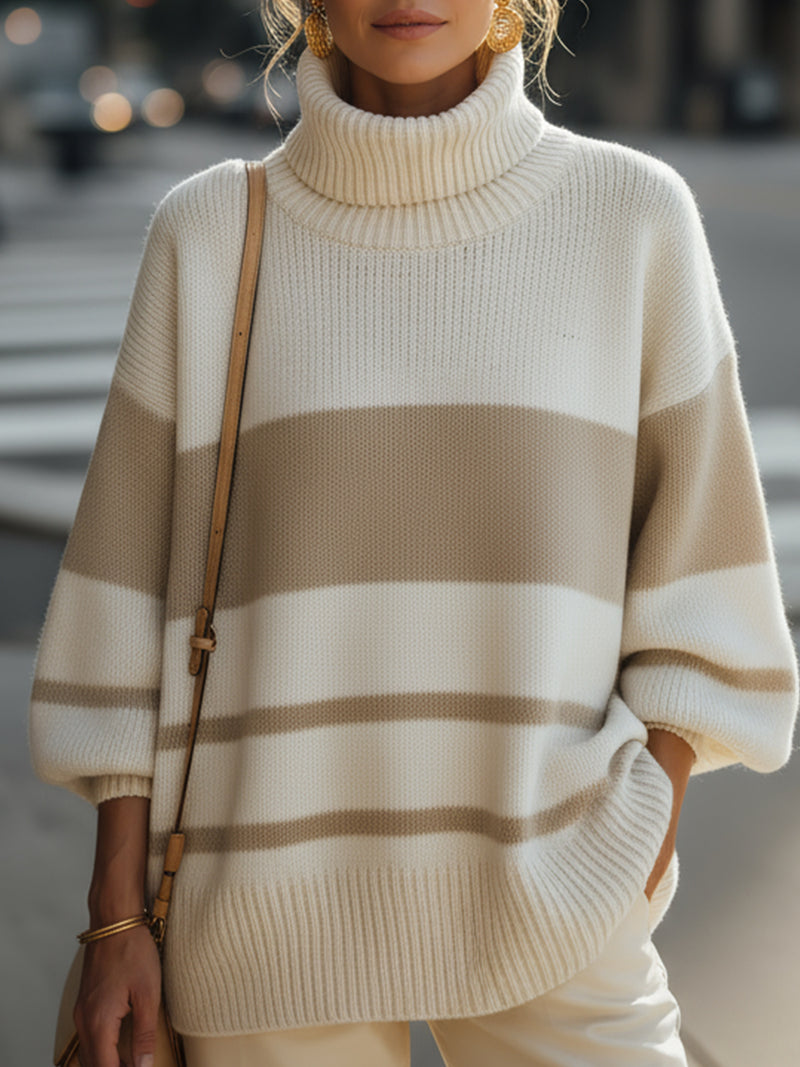 Beige And Ivory Striped Turtleneck Sweater