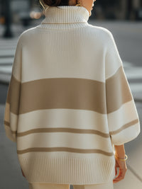 Beige And Ivory Striped Turtleneck Sweater