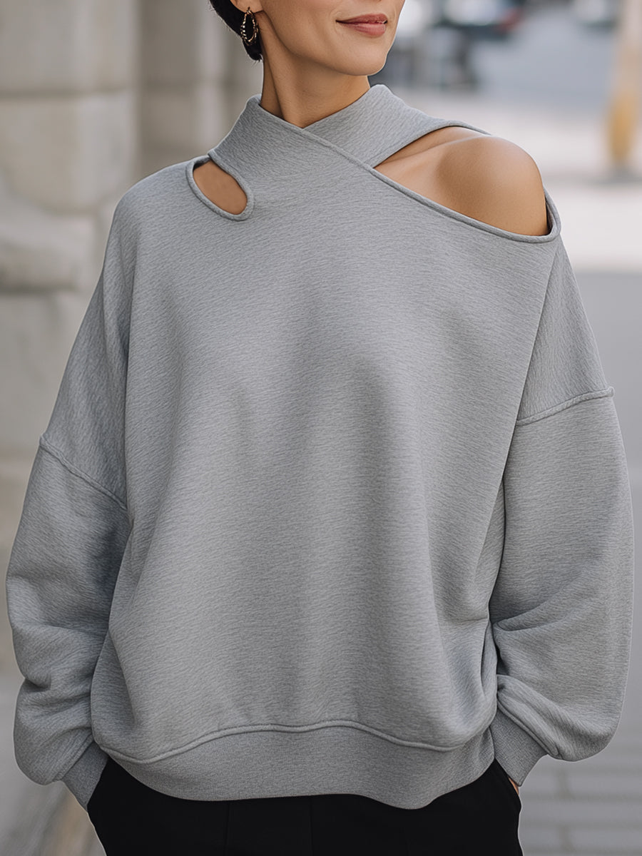 Asymmetrical Off-Shoulder Hollow-Out Neck Loose Knit Sweatshirt