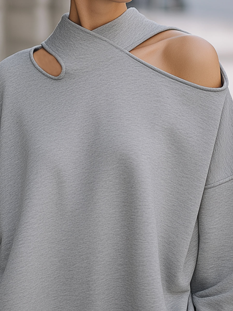 Asymmetrical Off-Shoulder Hollow-Out Neck Loose Knit Sweatshirt