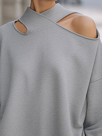 Asymmetrical Off-Shoulder Hollow-Out Neck Loose Knit Sweatshirt