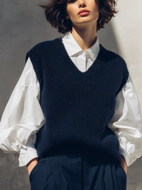 Navy Wool Knit Vest With White Cotton Shirt