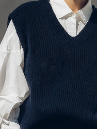 Navy Wool Knit Vest With White Cotton Shirt