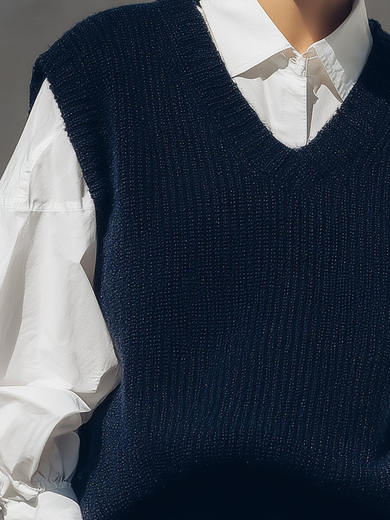 Navy Wool Knit Vest With White Cotton Shirt