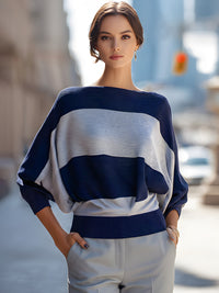 Navy & Ivory Color-Block Batwing Knit Top