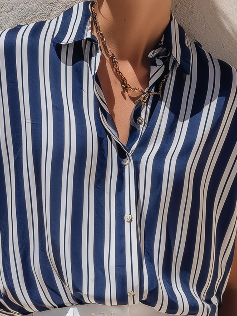 Relaxed Vertical Stripe Short Sleeve Shirt Blouse