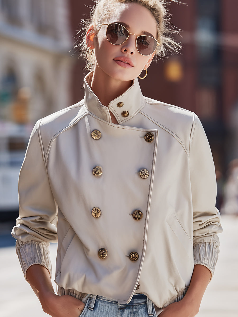 Ivory Cropped Double-Breasted Leather Jacket