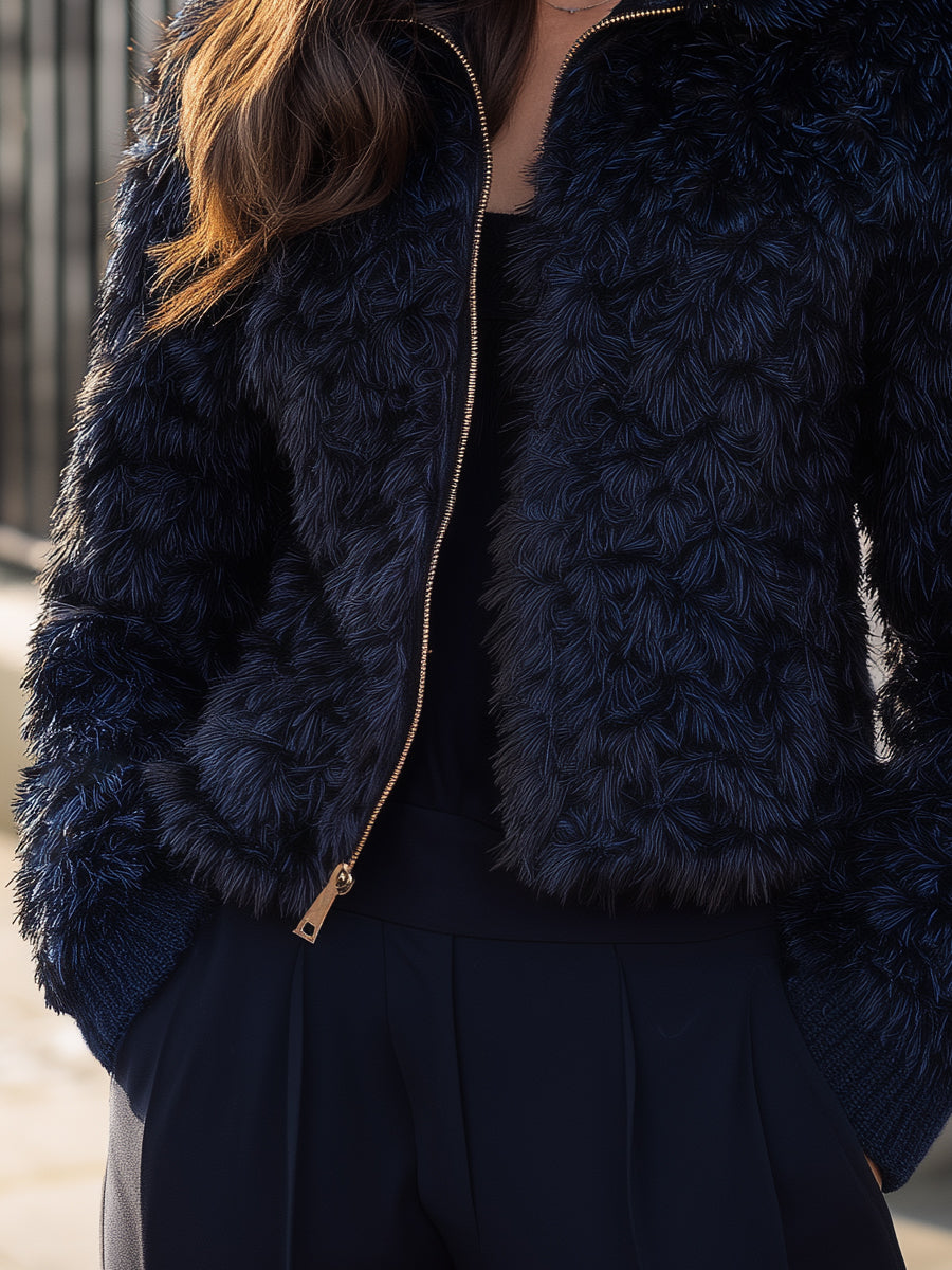 Textured Faux Fur Zip Jacket