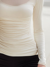 Ivory Mesh-Yoke Ruched Turtleneck Top