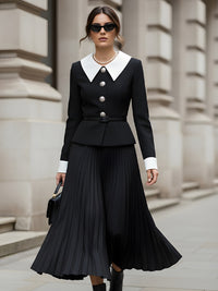 Black And White Pleated Midi Set With Statement Buttons