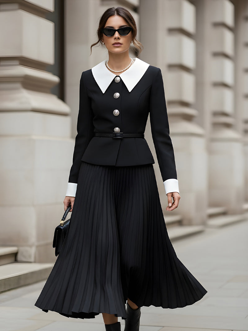 Black And White Pleated Midi Set With Statement Buttons