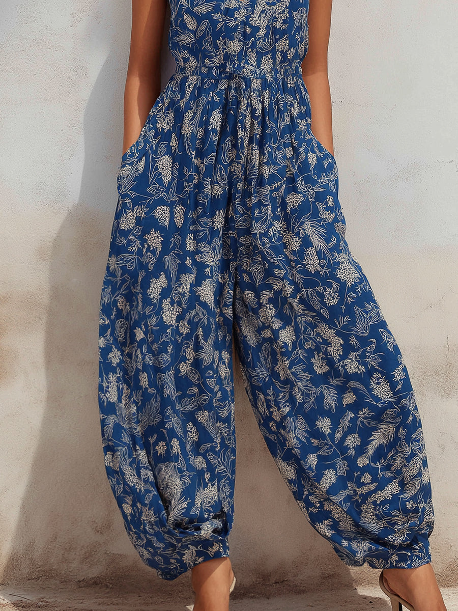 Women’s Boho Floral Print Spaghetti Strap V-Neck Jumpsuit