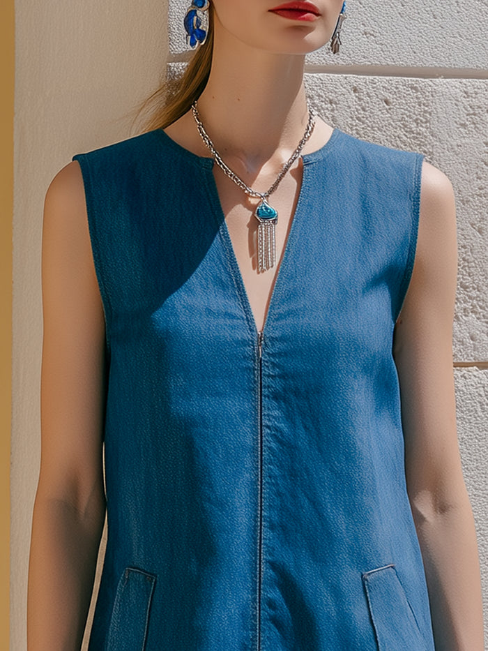 Sleeveless V-Neck Structured Midi Dress