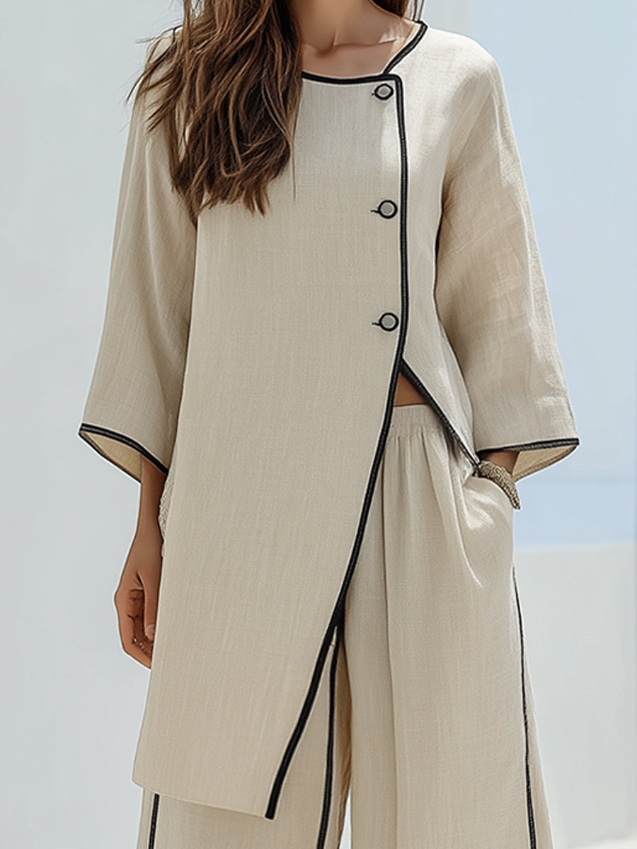 Color-blocked Piping Asymmetrical Loose Top And Wide-leg Pants Set