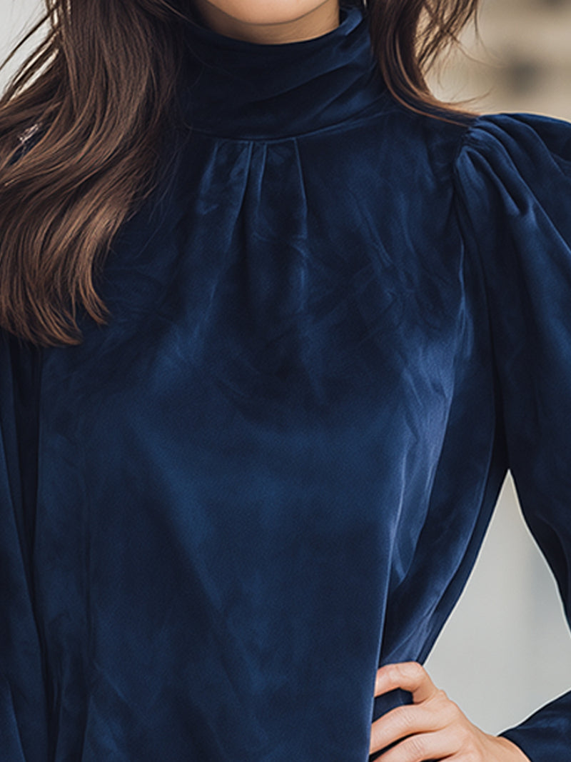 Navy Velvet Puff Sleeve Dress