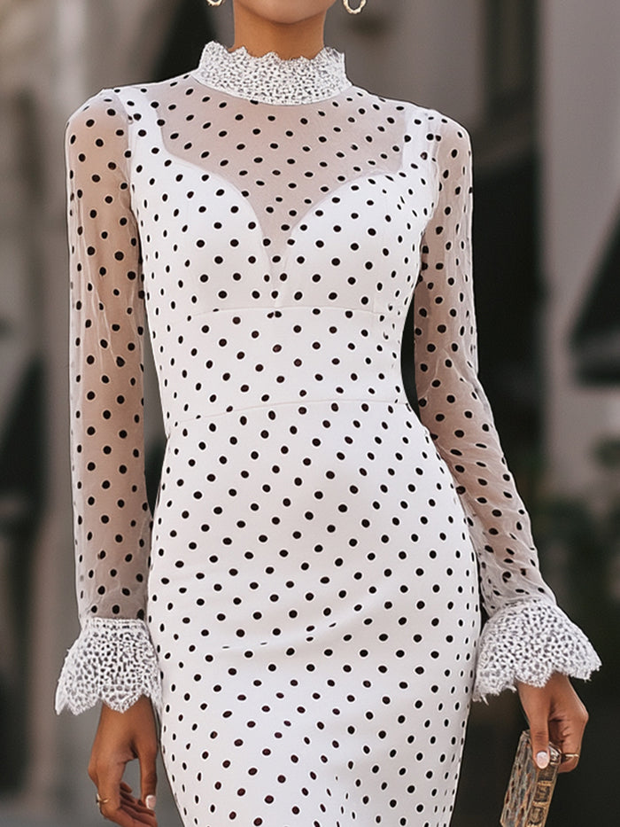 Elegant Polka Dot Mesh Contrast Lace Midi Dress
