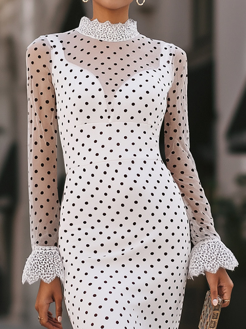 Elegant Polka Dot Mesh Contrast Lace Midi Dress