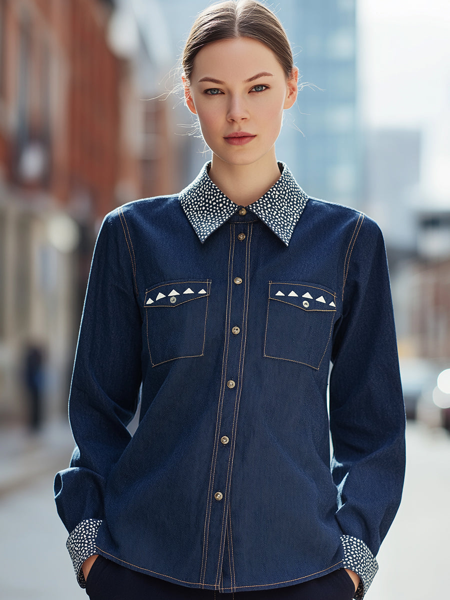 Color-blocked Rhinestone Collar Denim Shirt
