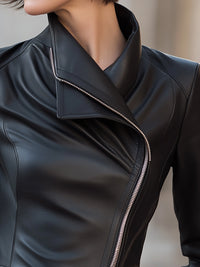 Sleek Asymmetrical Zip Faux Leather Tailored Jacket
