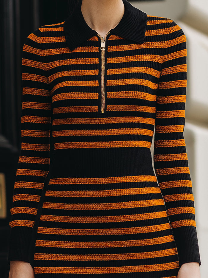 Striped Knit Polo Midi Dress