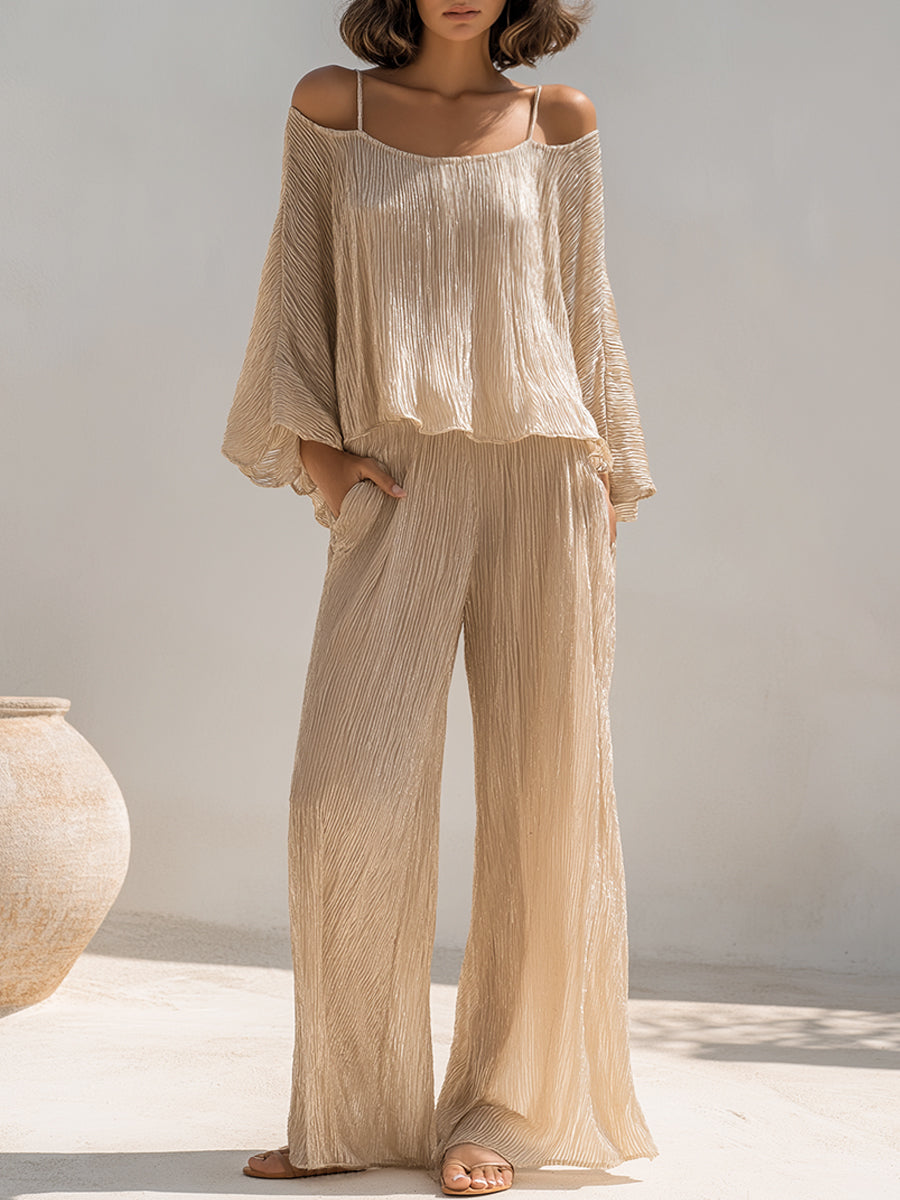 Off-Shoulder Pleated Two-Piece Wide-Leg Set