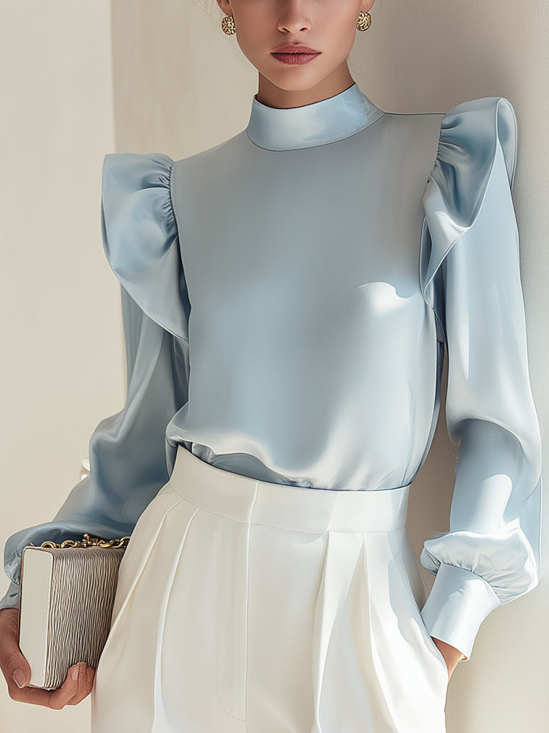 Sky Blue Satin Puff-Shoulder Blouse