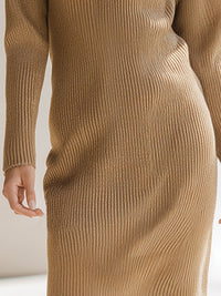 Camel Ribbed Knit Dress With Fold-Over Collar