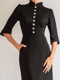 High-Collar Crystal Button Midi Dress