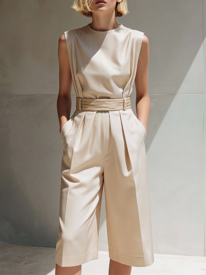 Belted Sleeveless Wide-Leg Tailored Jumpsuit