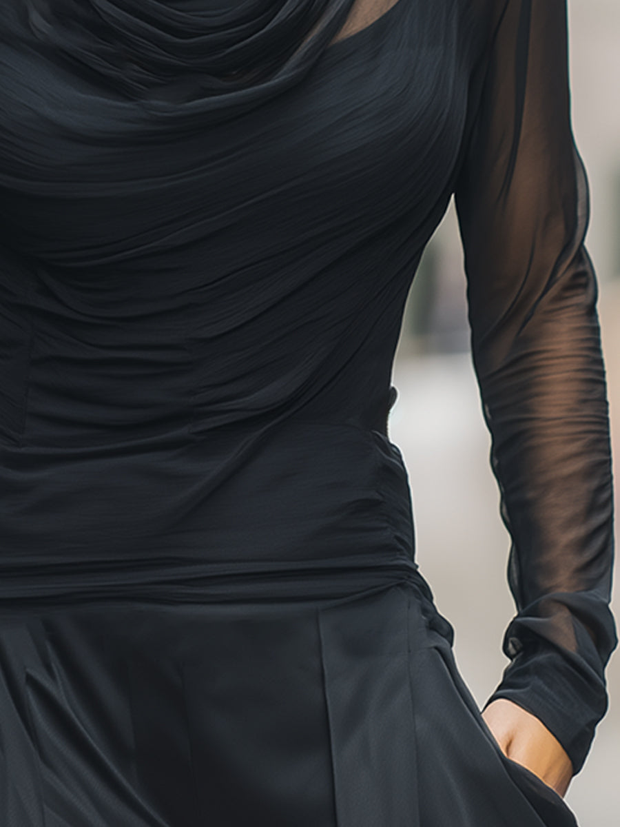 Sheer Draped Mesh Long-Sleeve Top