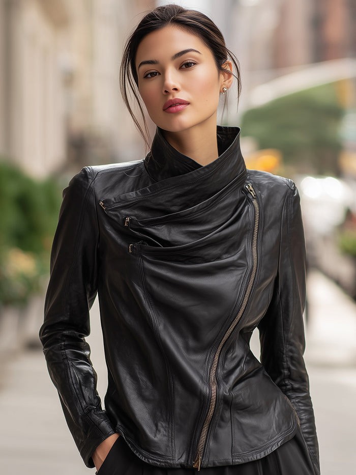 Asymmetrical Draped Collar Faux Leather Moto Jacket