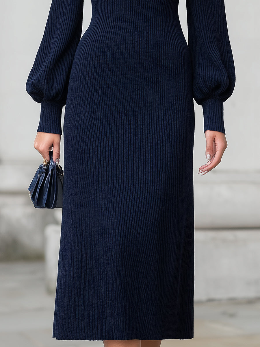 Polo-Collar Ribbed Knit Midi Dress