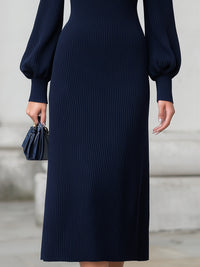 Polo-Collar Ribbed Knit Midi Dress