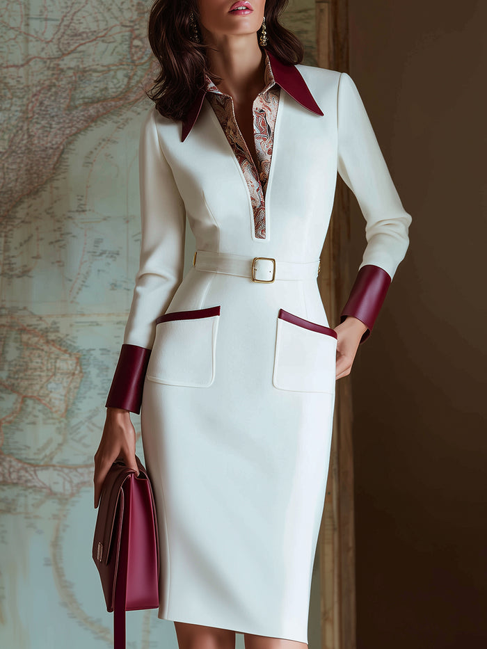 Belted Contrast-Trim Midi Dress