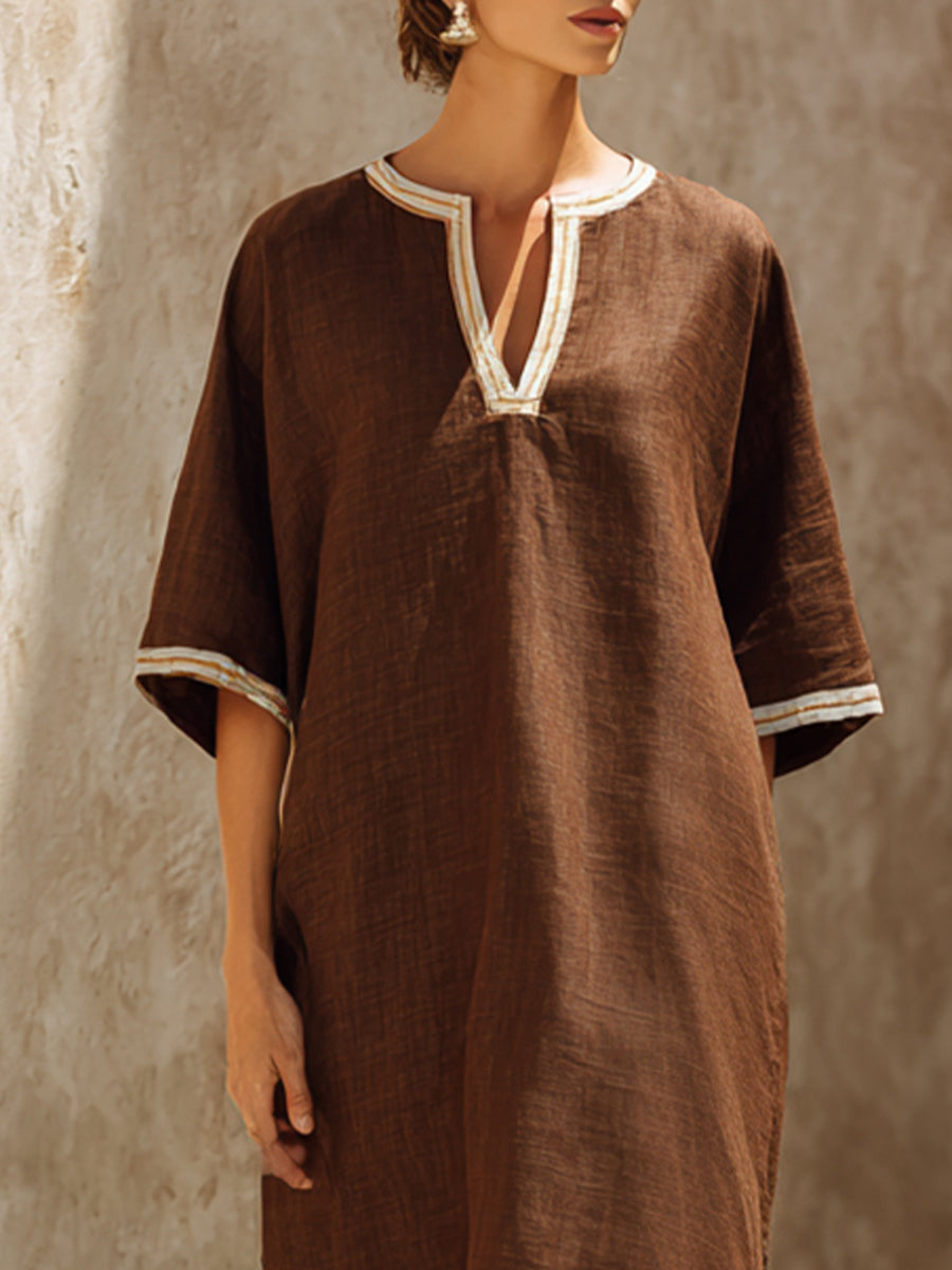 Ethereal Earth-Tone Linen-blend V-Neck Maxi Dress