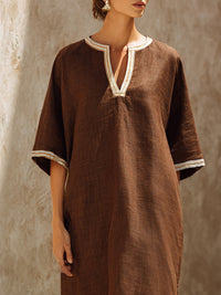Ethereal Earth-Tone Linen-blend V-Neck Maxi Dress