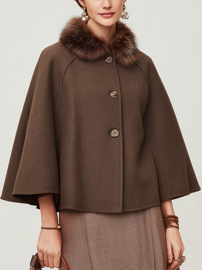 Wool Cape Coat With Fur Collar