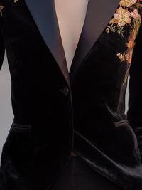 Gold Velvet Lapel Embroidered Velvet Blazer