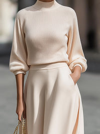 Cream Ribbed Knit Mock-Neck Midi Dress With A-Line Skirt