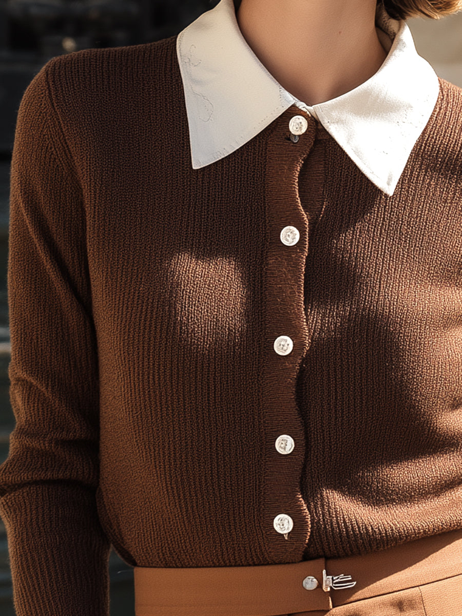 Contrast Collar Button-Up Knit Top
