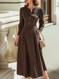 Button-Front Long Sleeve Midi Dress