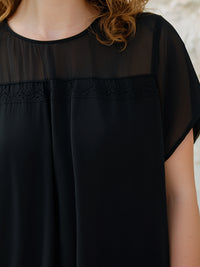 Sheer Panel Lace Trim Short Sleeve Blouse