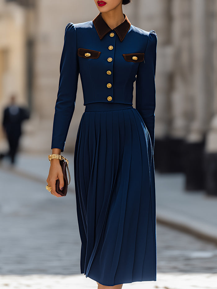Navy Blue Pleated Two-Piece Dress Set